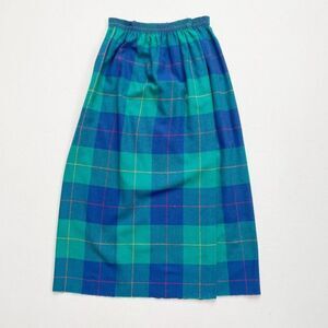 Vintage Plaid A-line Wrap Skirt Size XS Blue Green Wool Plaid Mid Century Modern